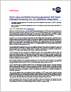 NicOx signs worldwide licensing agreement with Rapid Pathogen Screening, Inc. for ophthalmic diagnostics.